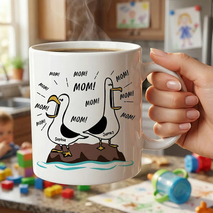 Mom Mom Mom Seagull Cartoon Ceramic Mug, Personalized Name Funny Daily Coffee and Tea Mug, Unique Gift for Mom