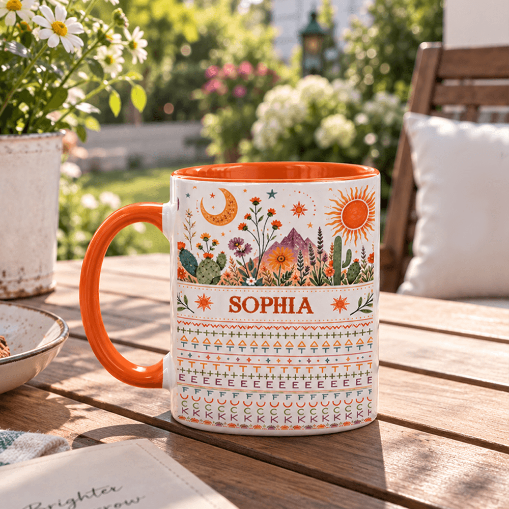 Personalized Desert Floral Mug with Custom Name, Sun & Cactus Design, A Meaningful Gift Filled with Warmth and Nature-Inspired Beauty