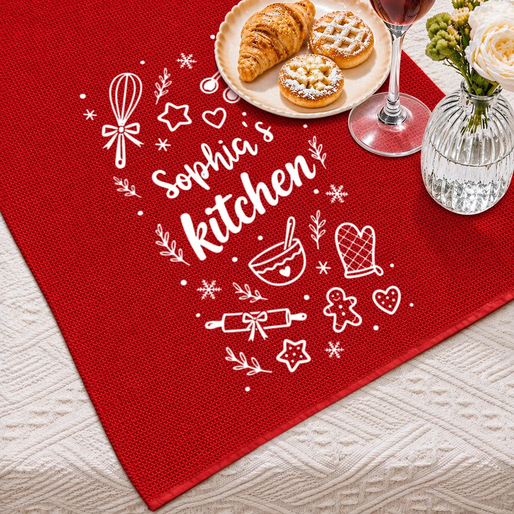 Personalized Red Christmas Kitchen Towel, Festive Baking Design, Unique Gift for Home Cooks