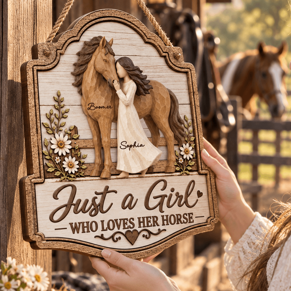 Warm Neutral Wooden Sign with Girl Nuzzling Horse, Personalized Keepsake, Creative Gift for Horse Lover