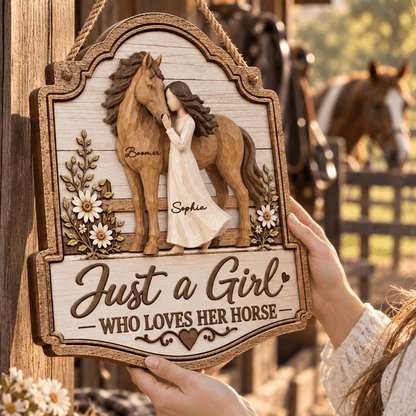 Warm Neutral Wooden Sign with Girl Nuzzling Horse, Personalized Keepsake, Creative Gift for Horse Lover