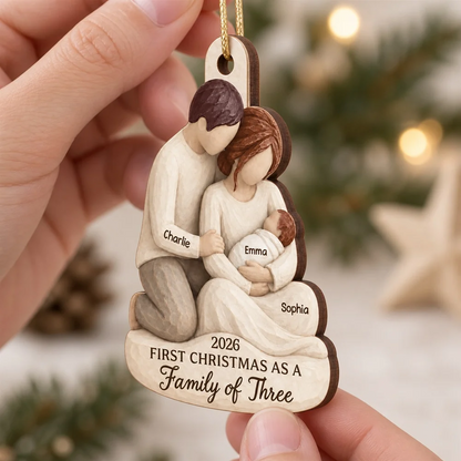 Wooden Ornament, Personalized New Family Keepsake, Tender Parents Holding Baby, Creative Gift for New Parents