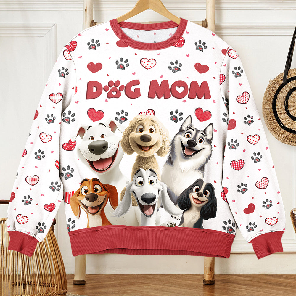 Personalized Dog Mom Printed Sweatshirt, Cartoon Dogs & Paw Hearts, Unique Gift for Pet Moms