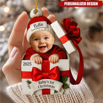 Baby's First Christmas Acrylic Ornament with Custom Photo – Adorable Gift Box Design for New Parents, Unique Personalized Holiday Gift