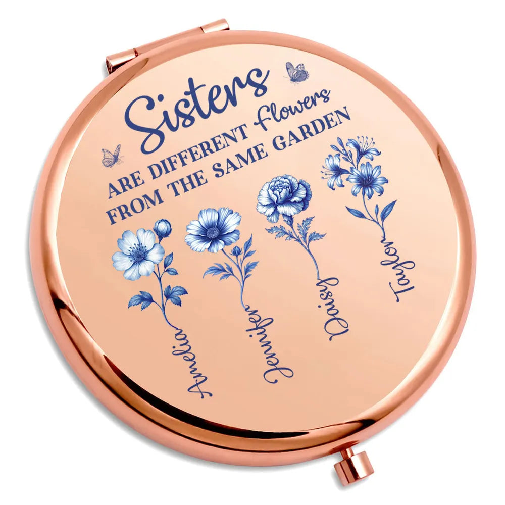 Personalized Metal Compact Mirror Sisters Are Different Flowers Gift, Blue Floral Quote, Unique Sister Gift