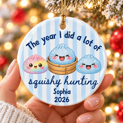 Personalized Squishy Hunting Ceramic Ornament, Cute Kawaii Cartoon Design, Custom Name Christmas Keepsake Gift