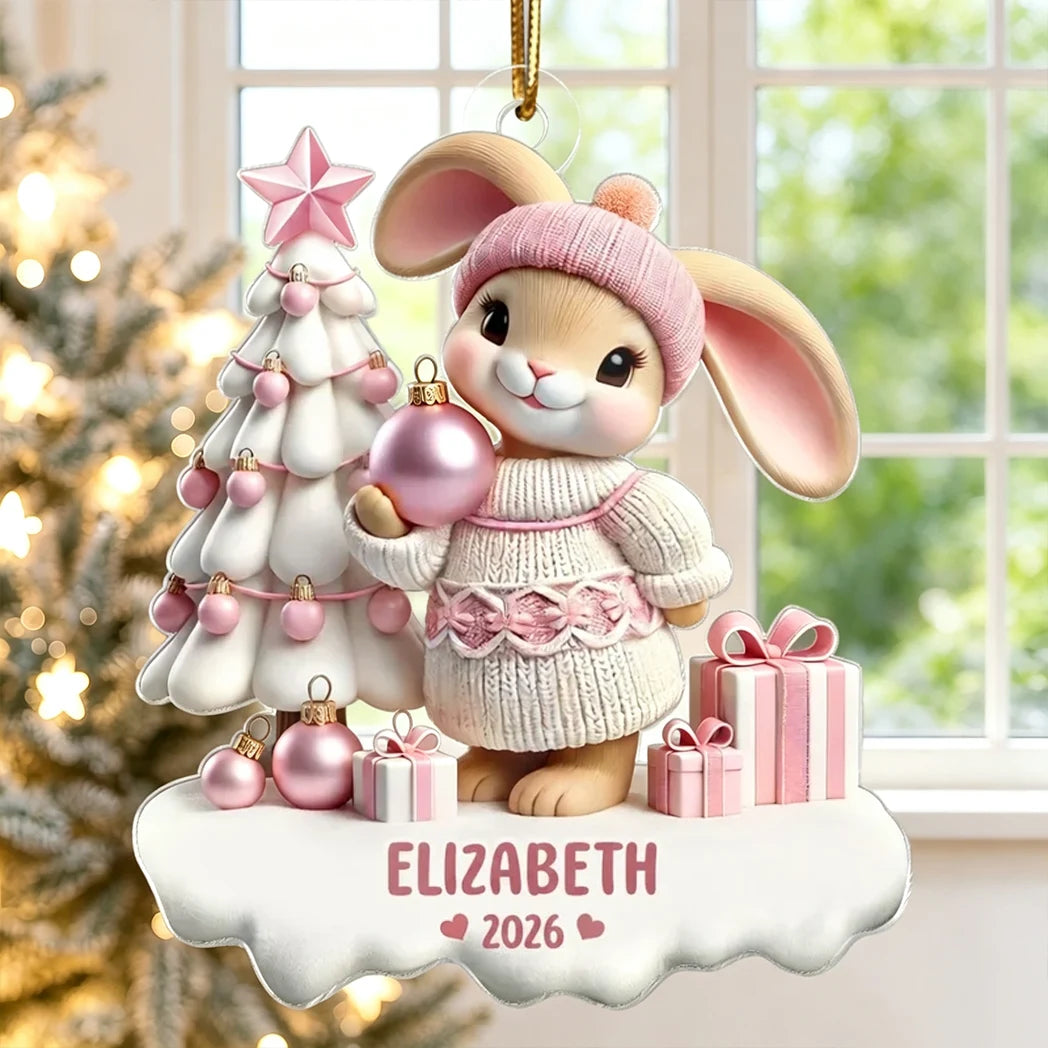 Personalized Acrylic Ornament, Pink Bunny Holding a Bauble by a Snowy Christmas Tree, Unique Gift for Kids