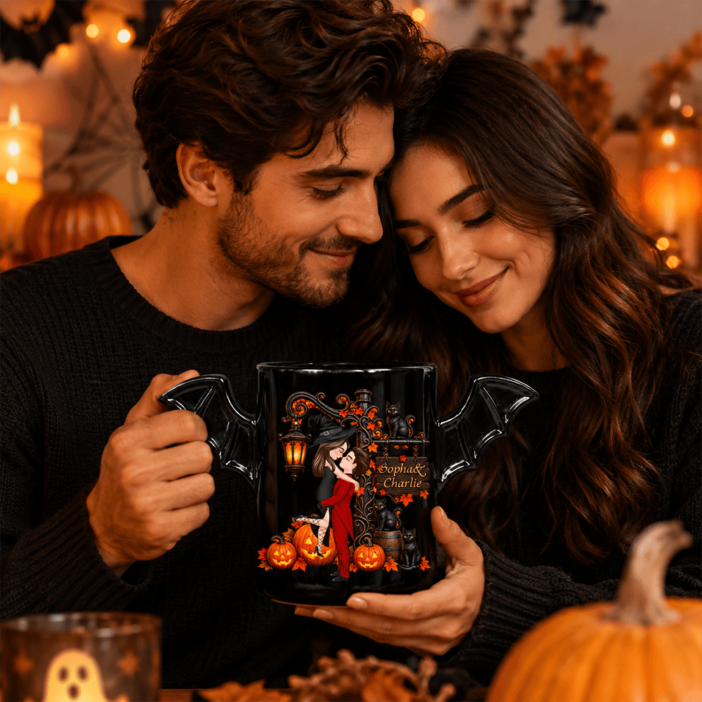 Personalized Halloween Couple Gift – Custom Name Bat Wing Ceramic Mug or Two-Layer Wooden Plaque