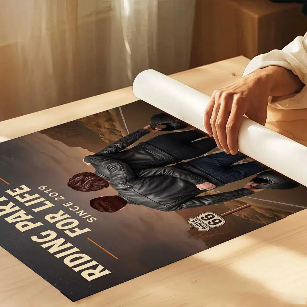 Personalized Biker Couple Poster, Riding Partners for Life Road Scene Wall Art, Unique Gift for Him & Her