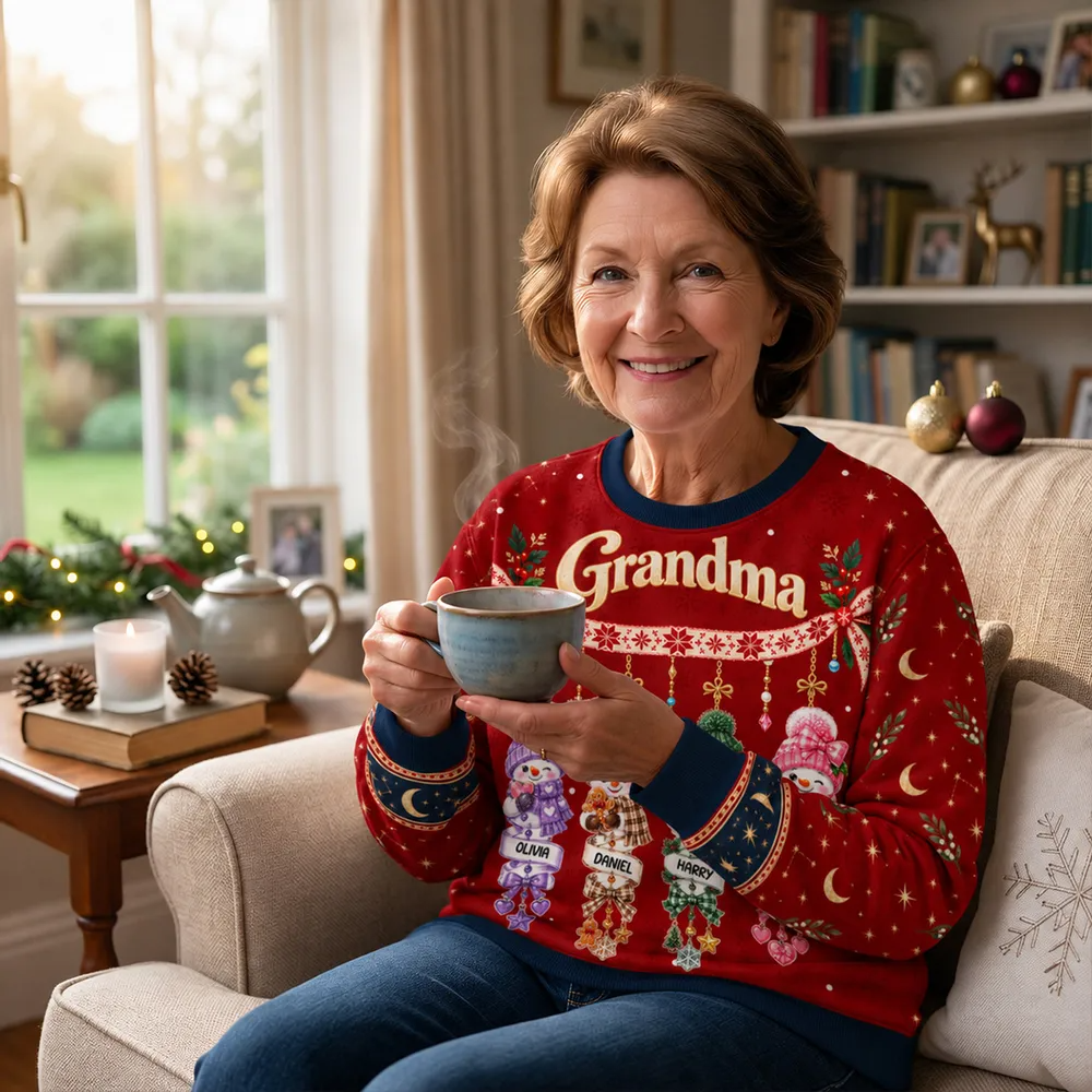 Grandma Printed Sweatshirt, Personalized Snowman Family in Festive Red, Creative Christmas Gift from Grandkids