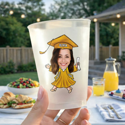Personalized Frosted Plastic Cup with Smiling Graduate, Unique Creative Gift for Her Graduation Party