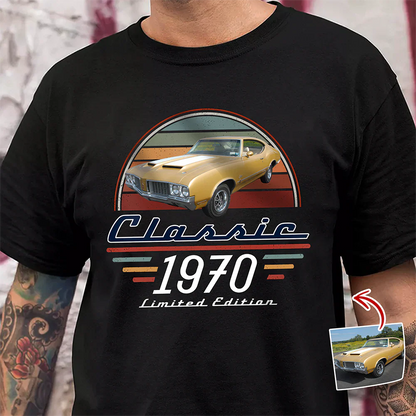 Personalized Classic Tee With Custom Car Photo & Retro Stripes, Unique Gift For Dad Grandpa Husband