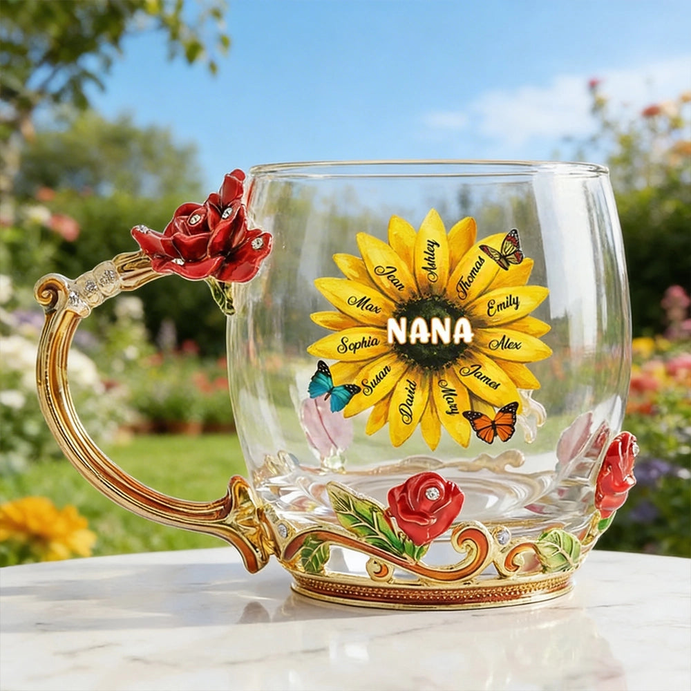 Personalized Enamel Flower Tea Cup with Sunflower Nana Design for Grandma - Unique Custom Gift for Her