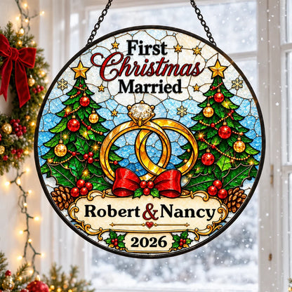 Personalized First Christmas as a Married Couple Suncatcher Ornament, Custom Names & Year, Romantic Newlywed Christmas Gift