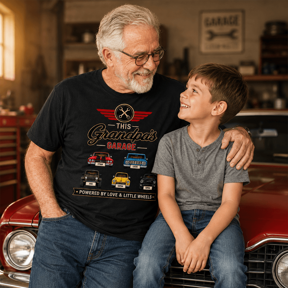 Personalized Grandpa's Garage Shirt, Custom Grandkids Car Tee, Father's Day or Birthday Gift for Grandpa