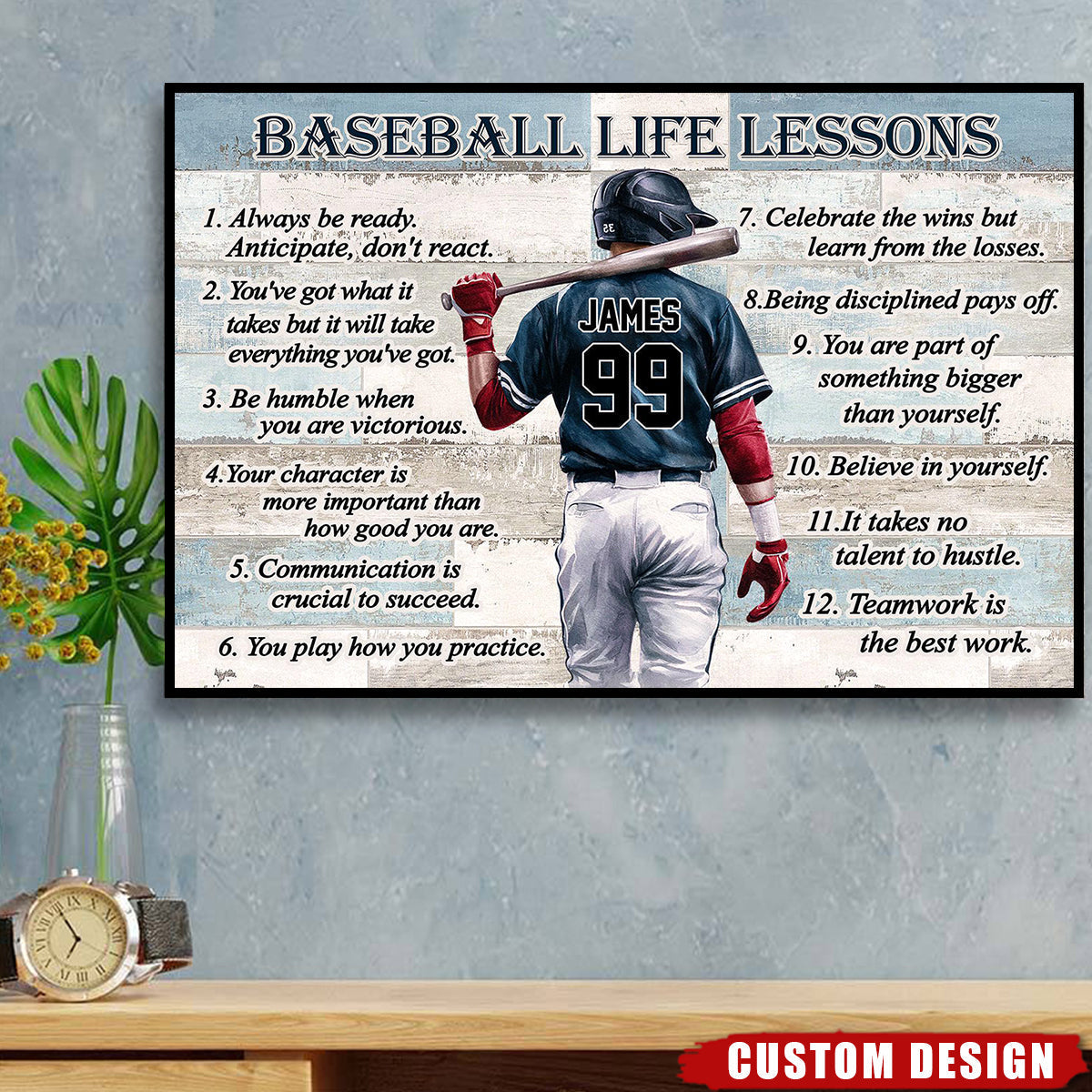 Personalized Baseball Life Lessons Canvas, Back-View Player Holding Bat, Unique Gift For Sports Fan
