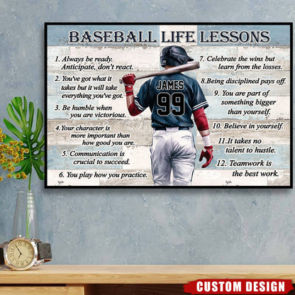 Personalized Baseball Life Lessons Canvas, Back-View Player Holding Bat, Unique Gift For Sports Fan