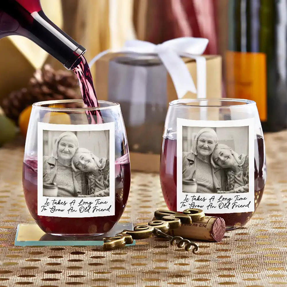 Custom Photo Best Friend Wine Glass, Grayscale Polaroid Look, Cheeky Quote Keepsake, Unique Gift for Besties
