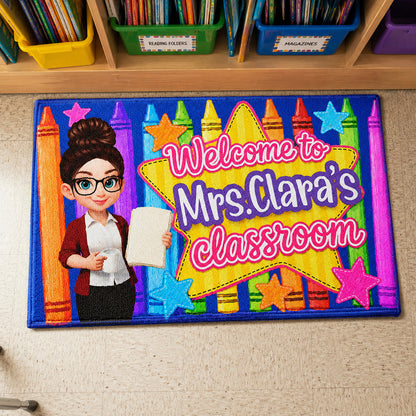 Standard Doormat With Cartoon Teacher & Crayons, Custom Classroom Welcome, Creative Teacher Gift