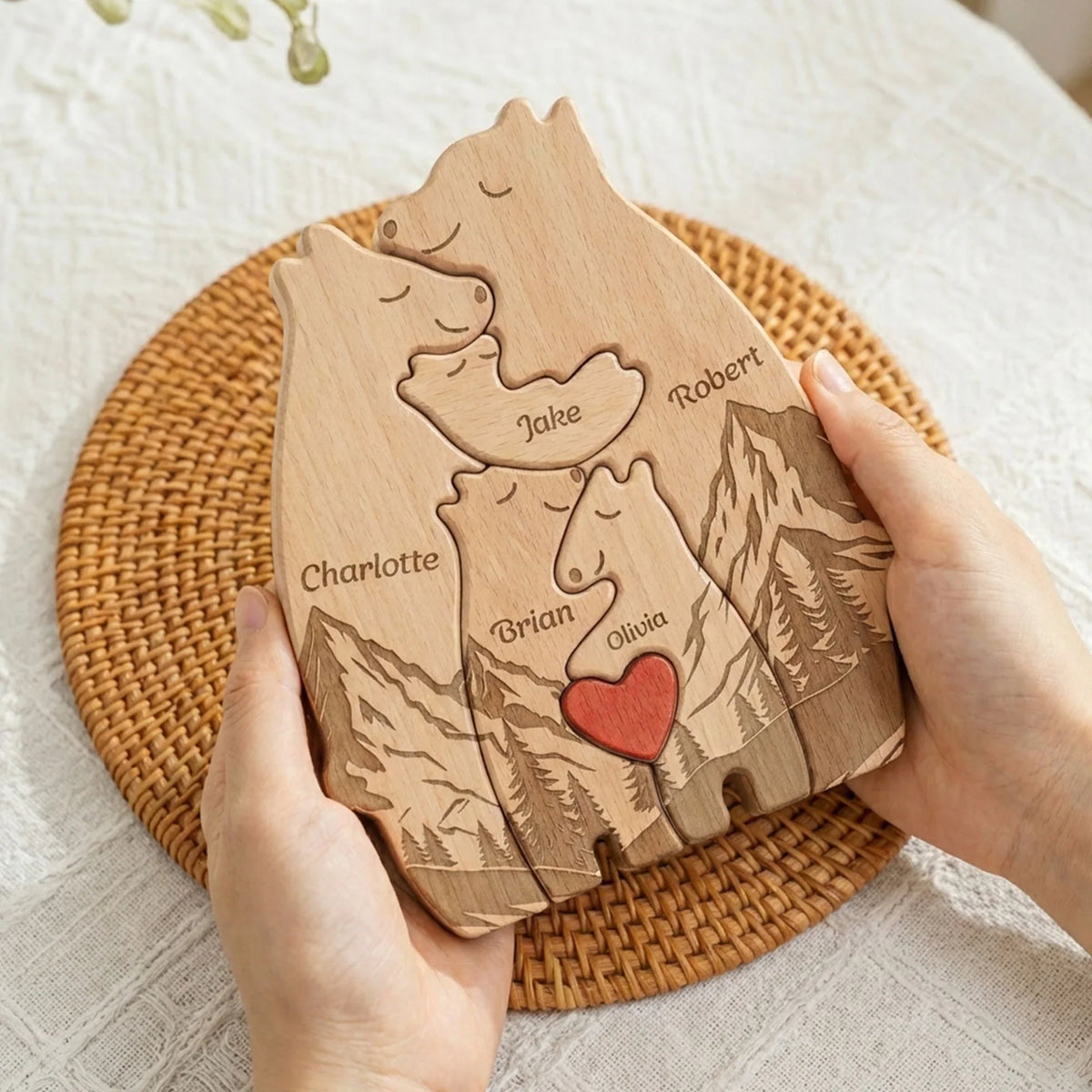 Personalized Wooden Bear Family Puzzle With Mountain Scene, Unique Father's Day Gift For Dad, Heartwarming Keepsake Decor