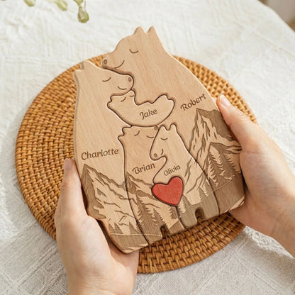 Personalized Wooden Bear Family Puzzle With Mountain Scene, Unique Father's Day Gift For Dad, Heartwarming Keepsake Decor