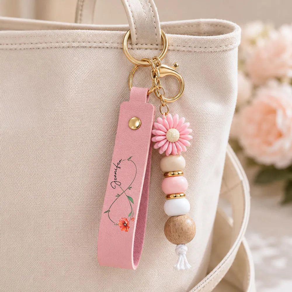 PU Leather Daisy Keychain With Soft Pink & Gray Florals, Personalized Unique Creative Gift For Mom & Friends
