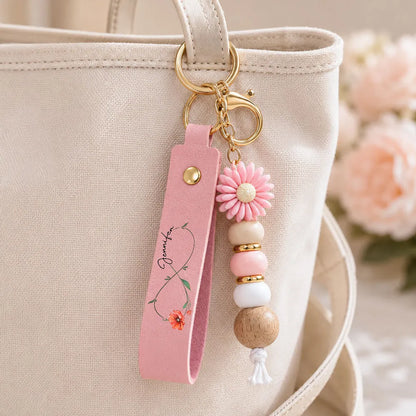 PU Leather Daisy Keychain With Soft Pink & Gray Florals, Personalized Unique Creative Gift For Mom & Friends