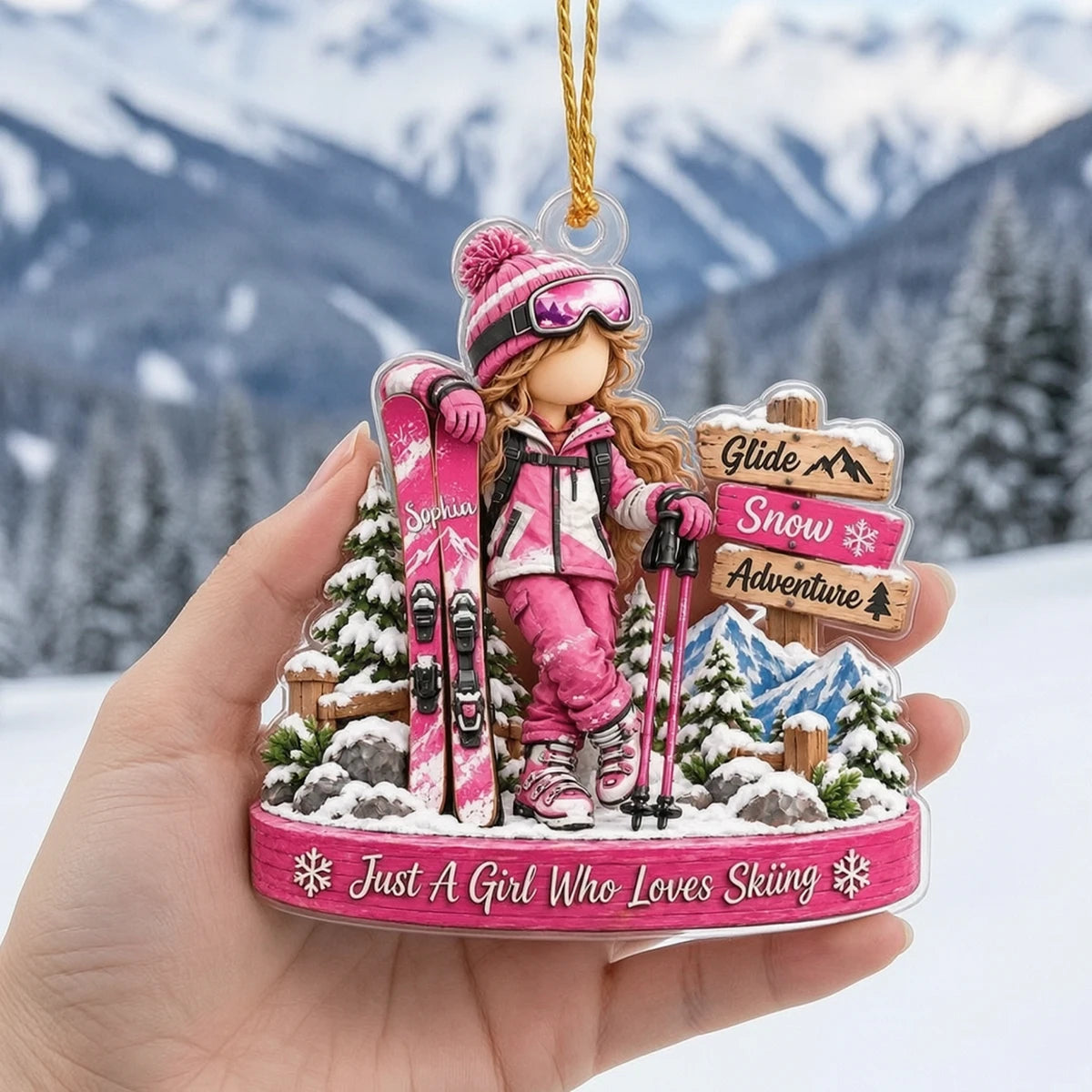 Personalized Skiing Christmas Ornament, Custom Name Boy or Girl Skier in Snowy Mountains, Winter Sports Gift for Ski Lovers