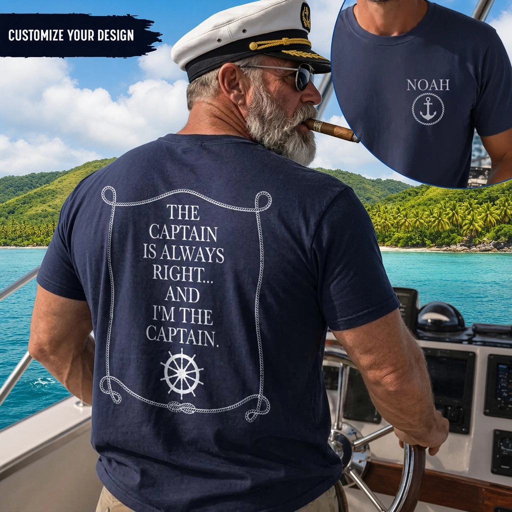 Navy Quick-Dry Cap with The Captain Is Always Right Quote, Sunlit Boat Cabin, Unique Creative Gift for Him