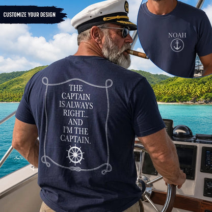 Navy Quick-Dry Cap with The Captain Is Always Right Quote, Sunlit Boat Cabin, Unique Creative Gift for Him