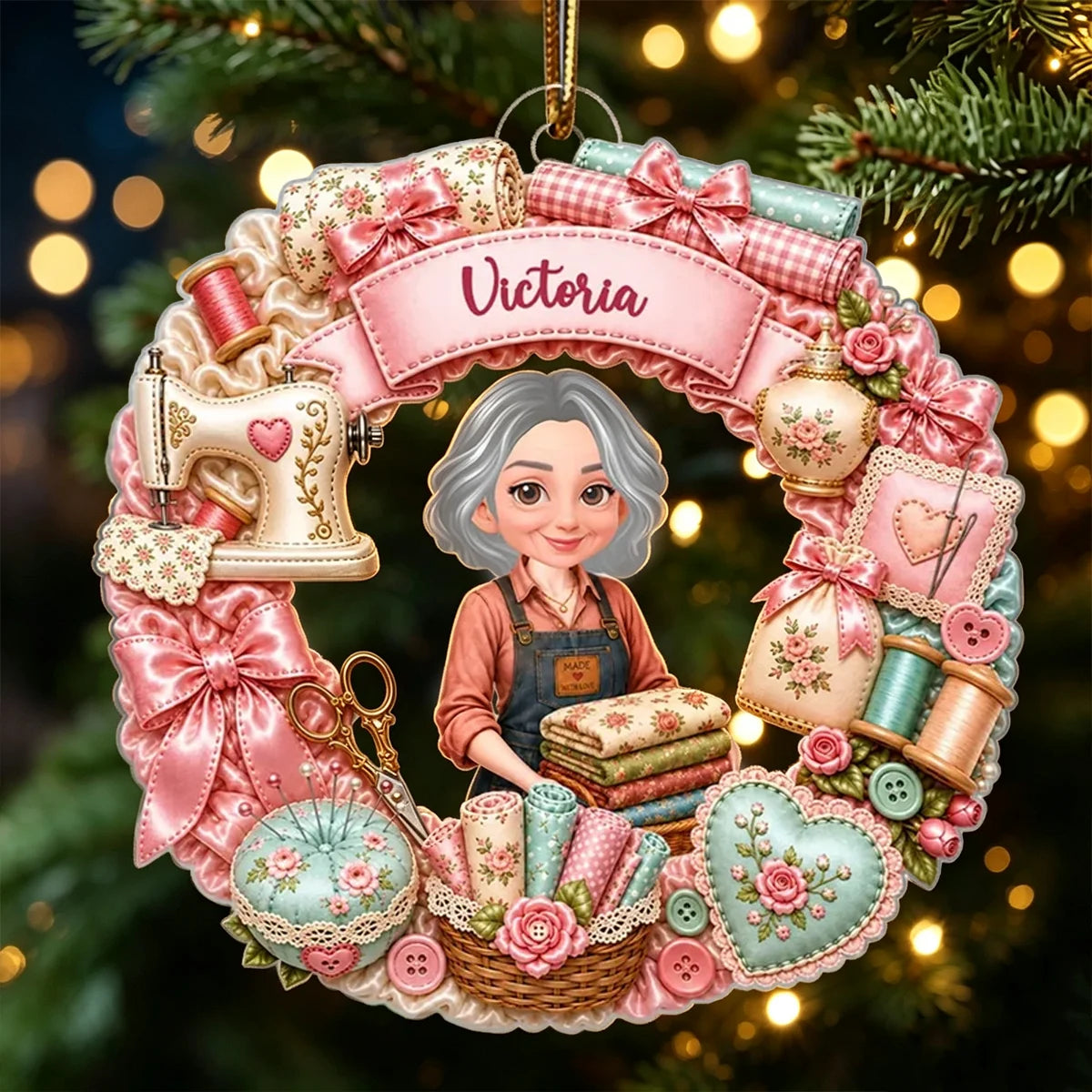 Personalized Acrylic Ornament, Crafting Woman Holding Fabric, Unique Sewing Gift for Mom, Wife or Sister