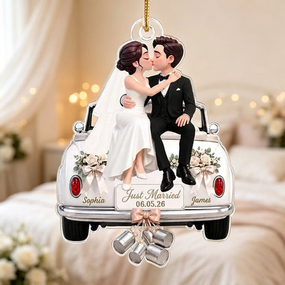 Personalized Acrylic Ornament, Kissing Bride & Groom on Wedding Car, Unique Gift for Couple