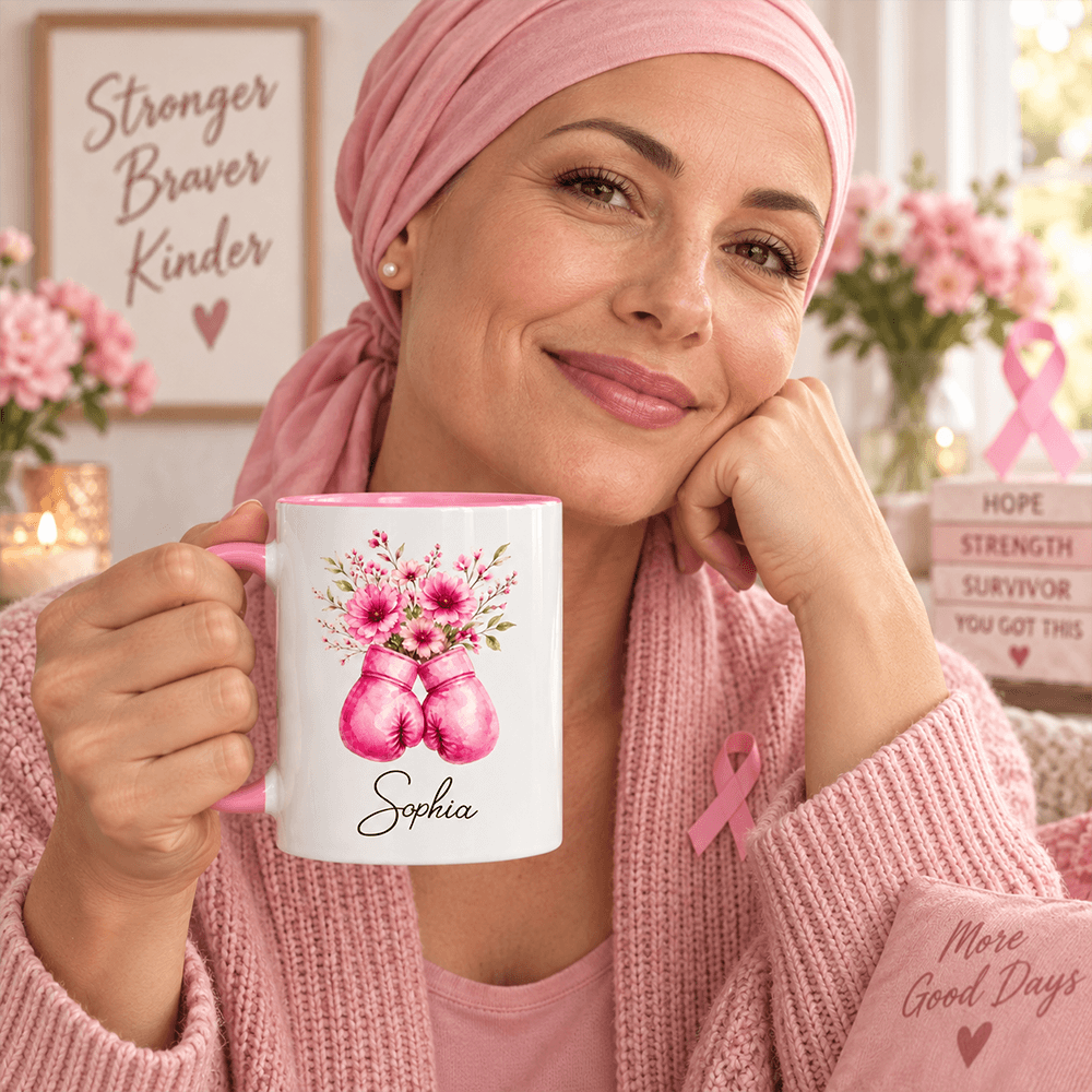 Personalized Pink Floral Boxing Gloves Mug, Breast Cancer Support Gift for Her, Stronger Braver Survivor Keepsake with Name