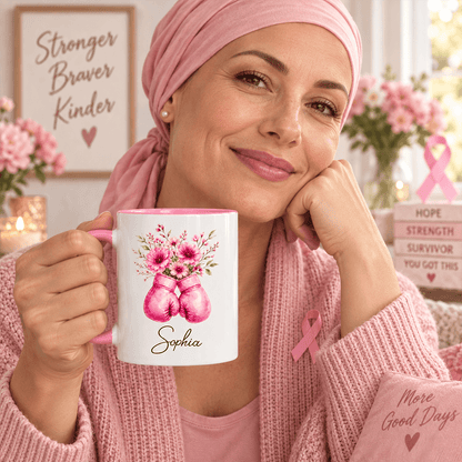 Personalized Pink Floral Boxing Gloves Mug, Breast Cancer Support Gift for Her, Stronger Braver Survivor Keepsake with Name