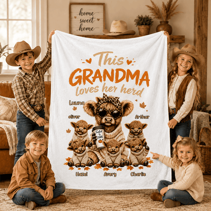 This Grandma Loves Her Herd Personalized Fleece Blanket, Heartwarming Creative Gift for Grandma