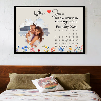 The Day I Found My Missing Piece – Customizable Couple's Poster, Gift for lover, with Puzzle Heart, Calendar, and Floral Details