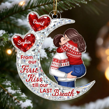 Custom Acrylic Ornament with Crescent Moon and Embracing Couple, Heartfelt From Our First Kiss Quote, Special Anniversary or Holiday Gift