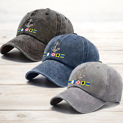 Washed Denim Baseball Cap with Boat Anchor and Nautical Flags - Coastal Style Unique Gift for Sailors and Boat Lovers
