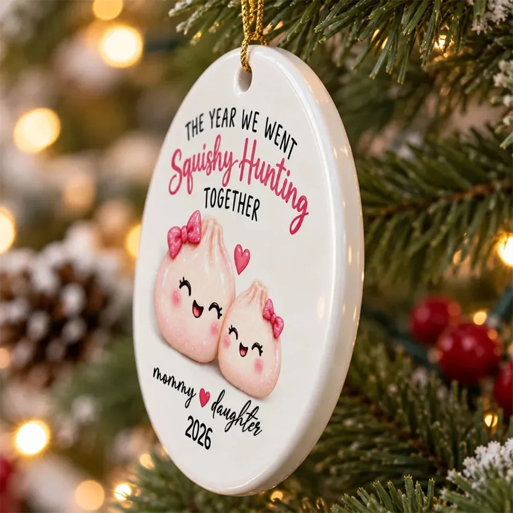 Personalized Ceramic Ornament, Pink Cartoon Mommy Daughter Squishy Hunting Together, Unique Gift for Mom