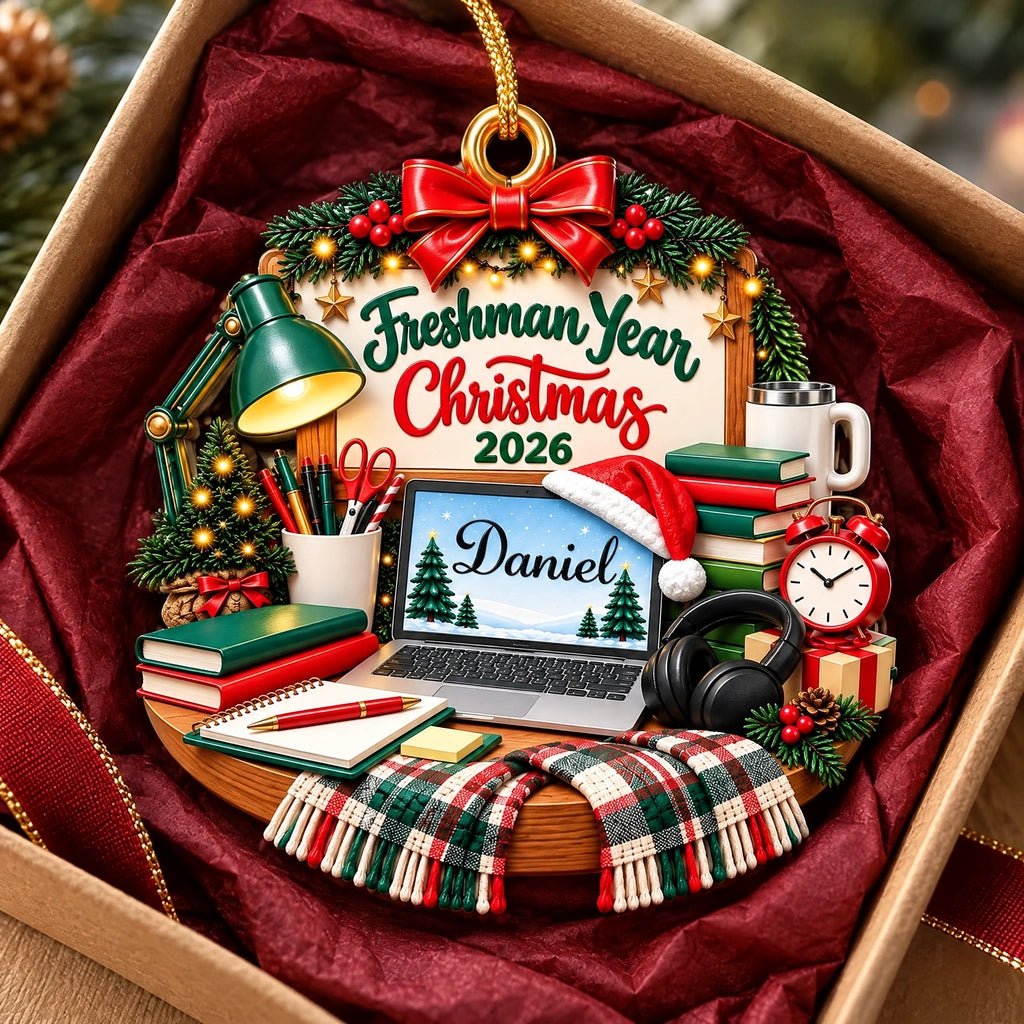 Personalized Freshman Year Christmas Ornament, Cozy College Study Desk Design, Custom Name & Year Keepsake Gift for Students