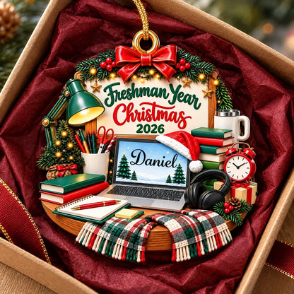 Personalized Freshman Year Christmas Ornament, Cozy College Study Desk Design, Custom Name & Year Keepsake Gift for Students