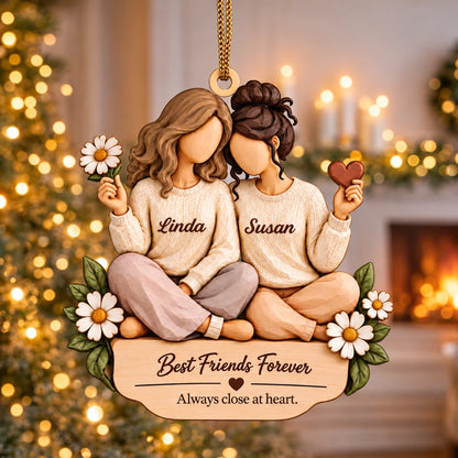 Personalized Best Friends Wooden Plaque with Hand-Carved Look and Cozy Illustrated Design, Custom Friendship Keepsake Gift