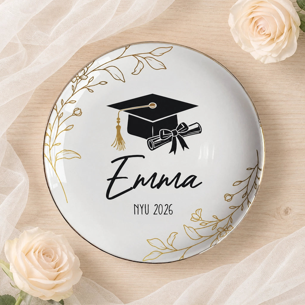 Personalized Round Jewelry Dish with Graduation Cap & Diploma, Unique Gift for Her Vanity