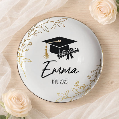 Personalized Round Jewelry Dish with Graduation Cap & Diploma, Unique Gift for Her Vanity