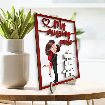 Embrace of Love - 'My Missing Piece' Personalized 2-Layer Wooden Plaque with Hugging & Kissing Couple - Ideal Valentine's & Anniversary Gift for Him & Her