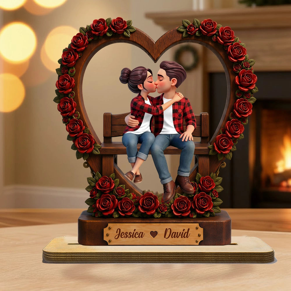 Personalized Wooden Plaque With Kissing Couple & Red Roses, Unique Gift for Couples