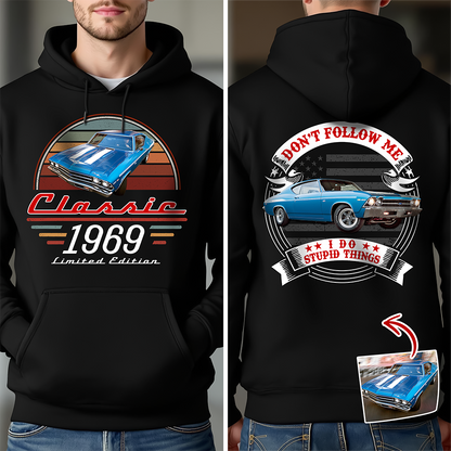 Personalized Dual Print Classic Tee with Red Vintage Car, Unique Creative Gift for Car Enthusiast