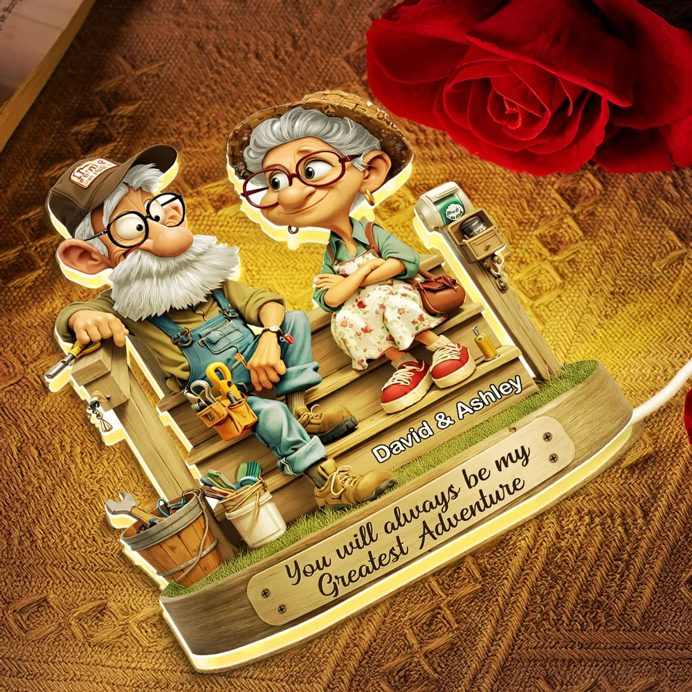 Personalized Acrylic Light Box with Elderly Couple on Porch, Warm Glow Keepsake, Unique Gift for Husband or Wife