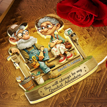 Personalized Acrylic Light Box with Elderly Couple on Porch, Warm Glow Keepsake, Unique Gift for Husband or Wife