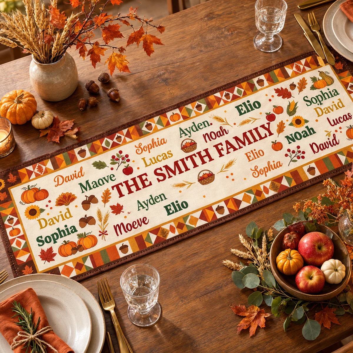 Custom Family Table Runner with Names, Rustic Fall Pumpkin and Sunflower Design, Thanksgiving Dining Table Decor Gift
